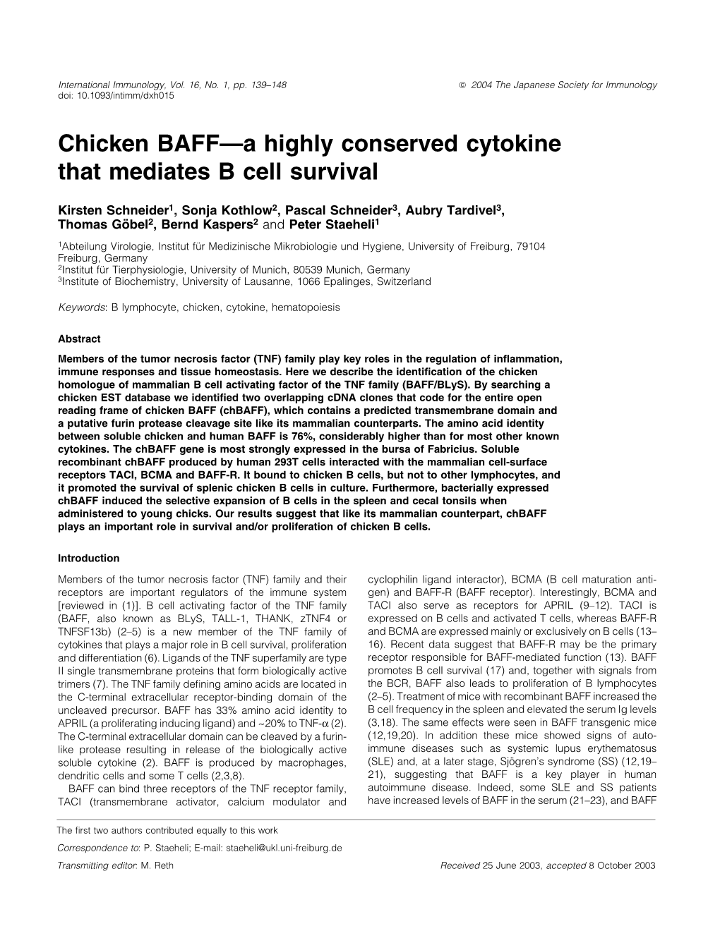 Chicken Baffða Highly Conserved Cytokine That Mediates B Cell Survival