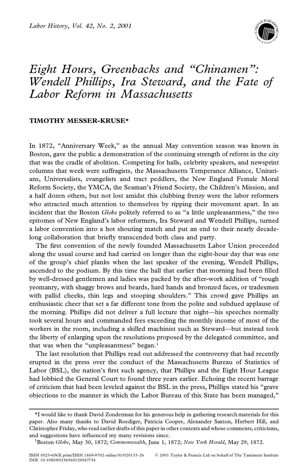 Wendell Phillips, Ira Steward, and the Fate of Labor Reform In