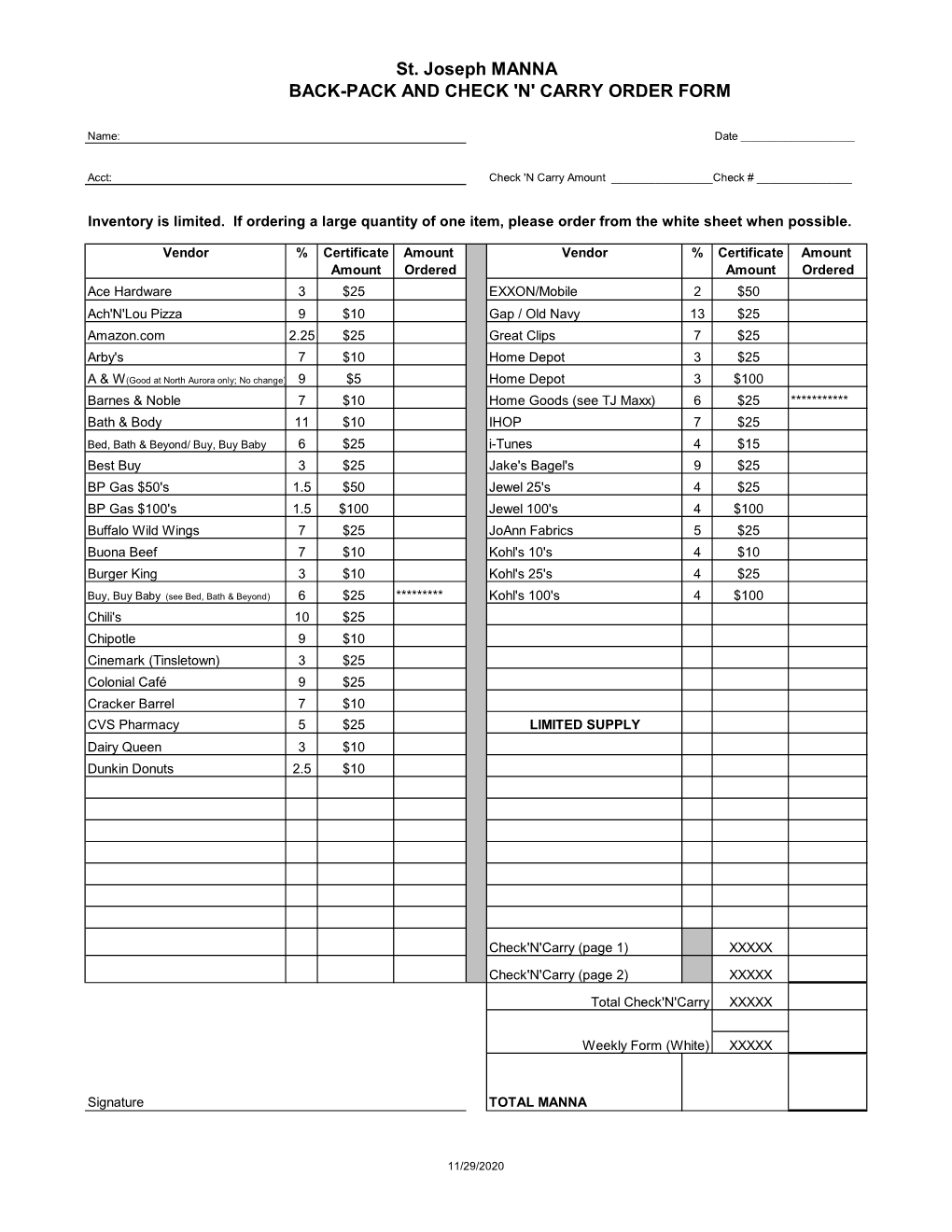 St. Joseph MANNA BACK-PACK and CHECK 'N' CARRY ORDER FORM