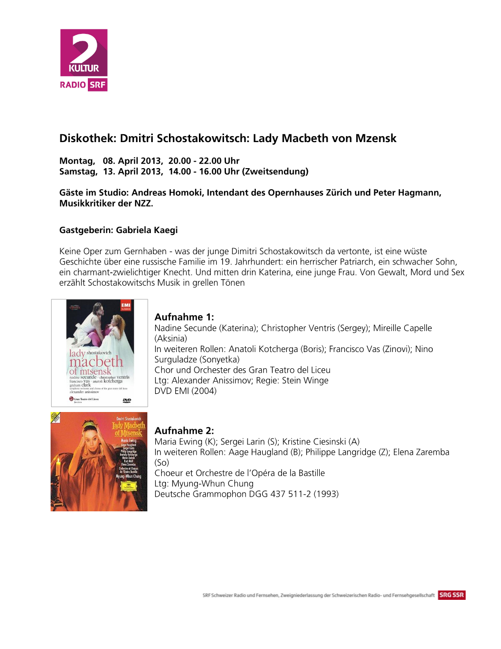 Diskothek: Dmitri Schostakowitsch: Lady Macbeth Von Mzensk