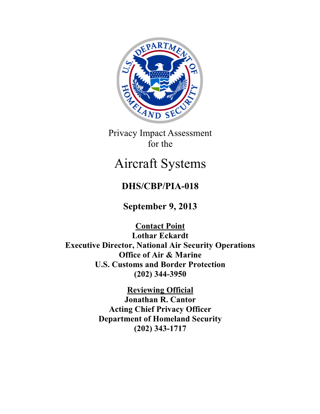 Privacy Impact Assessment for Aircraft Systems