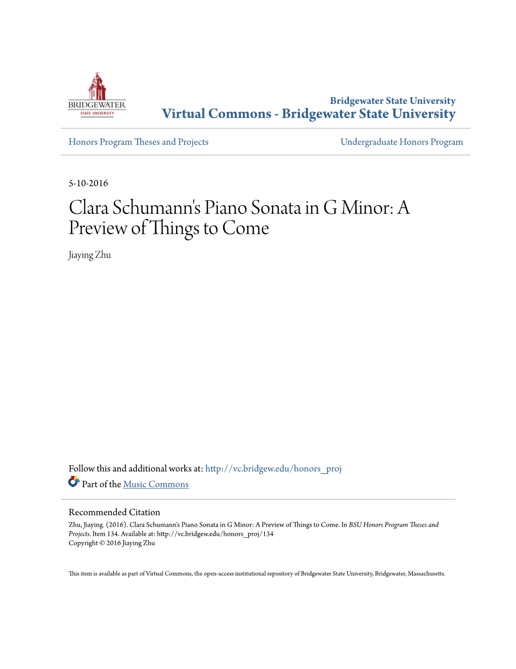 Clara Schumann's Piano Sonata in G Minor: a Preview of Things to Come Jiaying Zhu