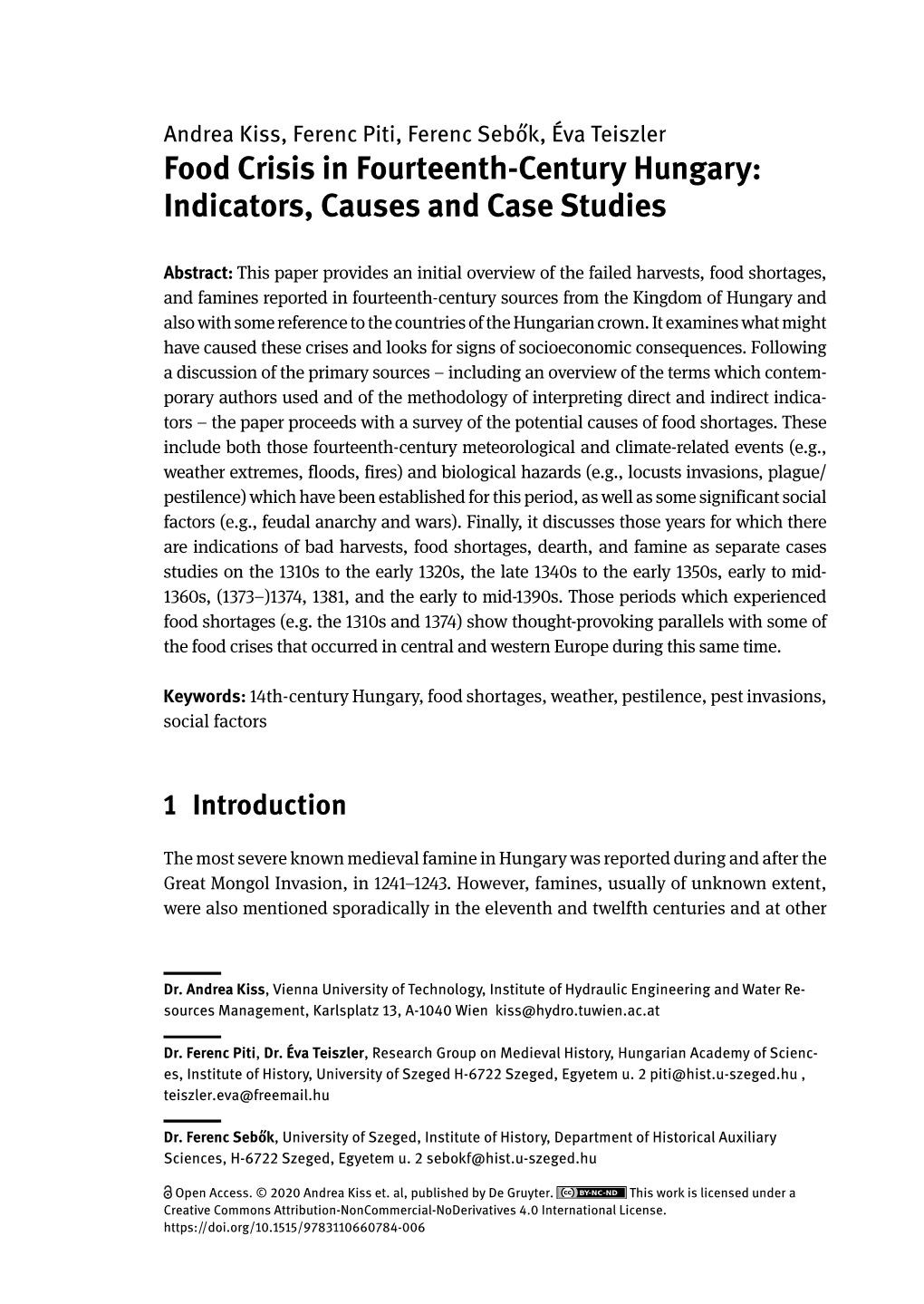 Food Crisis in Fourteenth-Century Hungary: Indicators, Causes and Case Studies