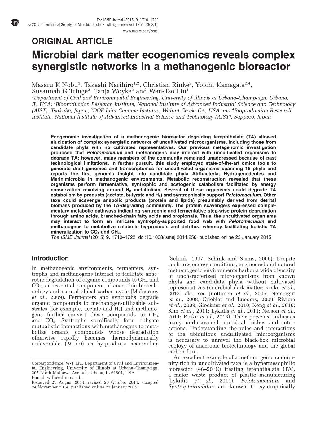 Microbial Dark Matter Ecogenomics Reveals Complex Synergistic Networks in a Methanogenic Bioreactor