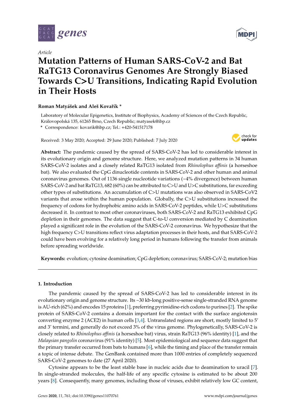 Mutation Patterns of Human SARS-Cov-2 and Bat Ratg13 Coronavirus Genomes Are Strongly Biased Towards C>U Transitions, Indicating Rapid Evolution in Their Hosts