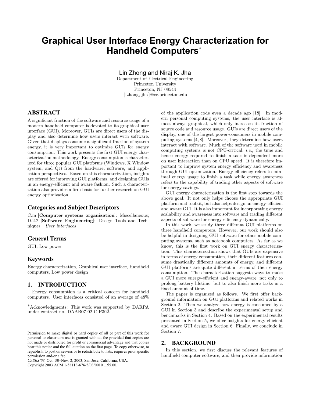 Graphical User Interface Energy Characterization for Handheld Computers∗