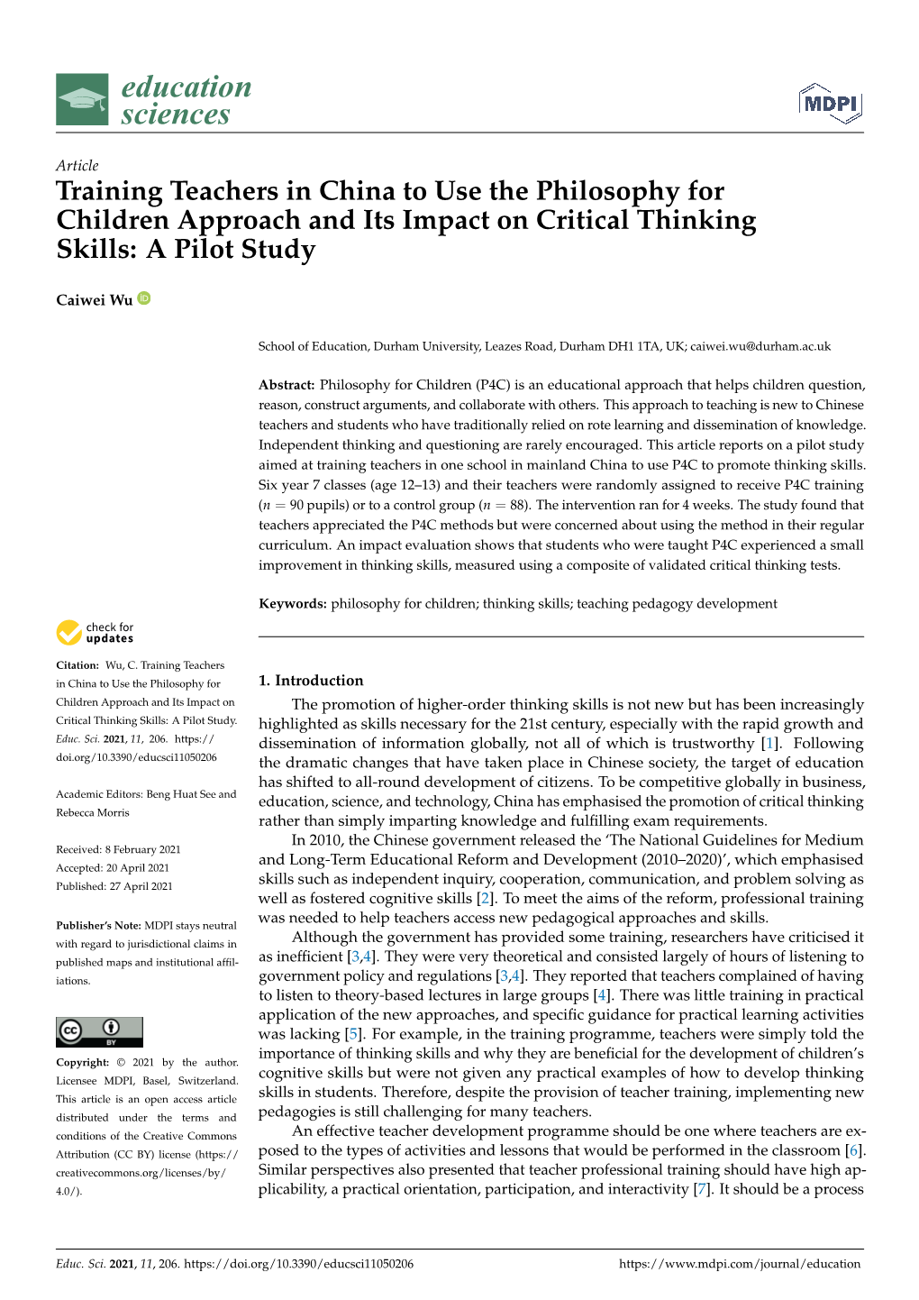 Training Teachers in China to Use the Philosophy for Children Approach and Its Impact on Critical Thinking Skills: a Pilot Study