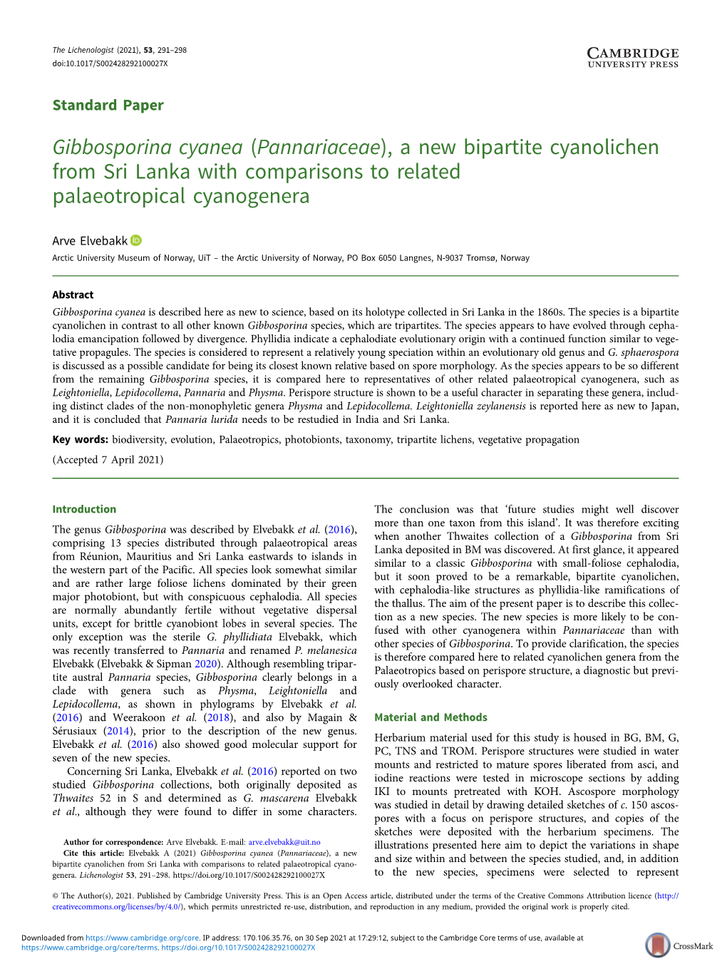 Gibbosporina Cyanea (Pannariaceae), a New Bipartite Cyanolichen from Sri Lanka with Comparisons to Related Palaeotropical Cyanogenera