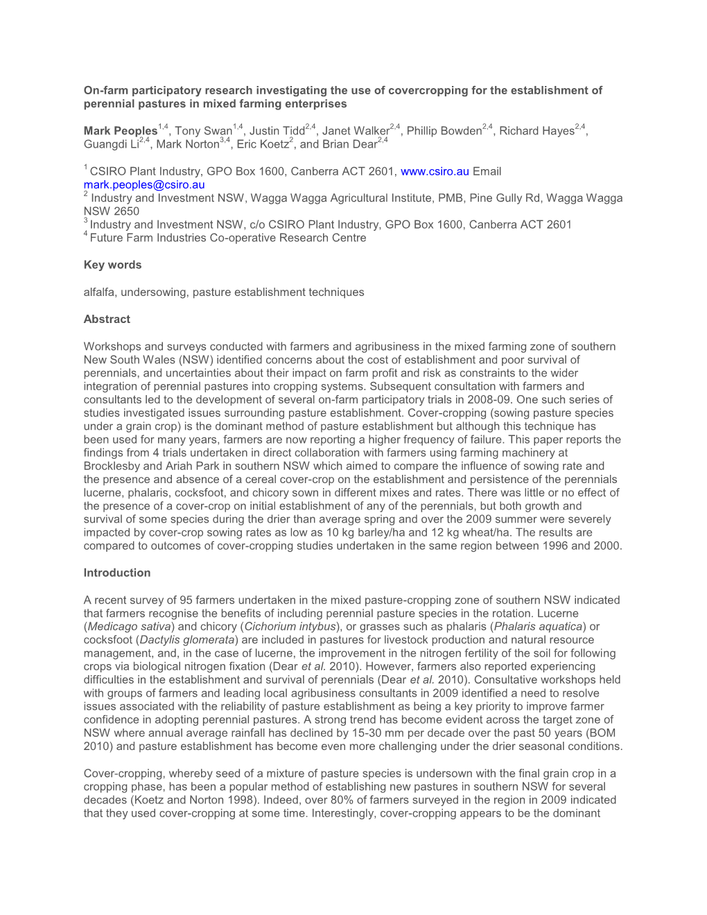 On-Farm Participatory Research Investigating the Use of Covercropping for the Establishment of Perennial Pastures in Mixed Farming Enterprises