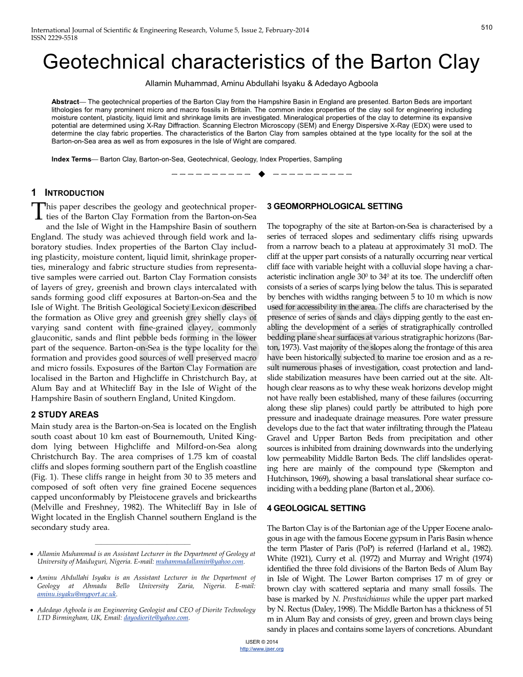 Geotechnical Characteristics of the Barton Clay Allamin Muhammad, Aminu Abdullahi Isyaku & Adedayo Agboola