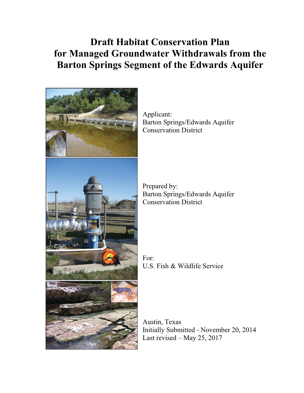 Draft Habitat Conservation Plan for Managed Groundwater Withdrawals from the Barton Springs Segment of the Edwards Aquifer