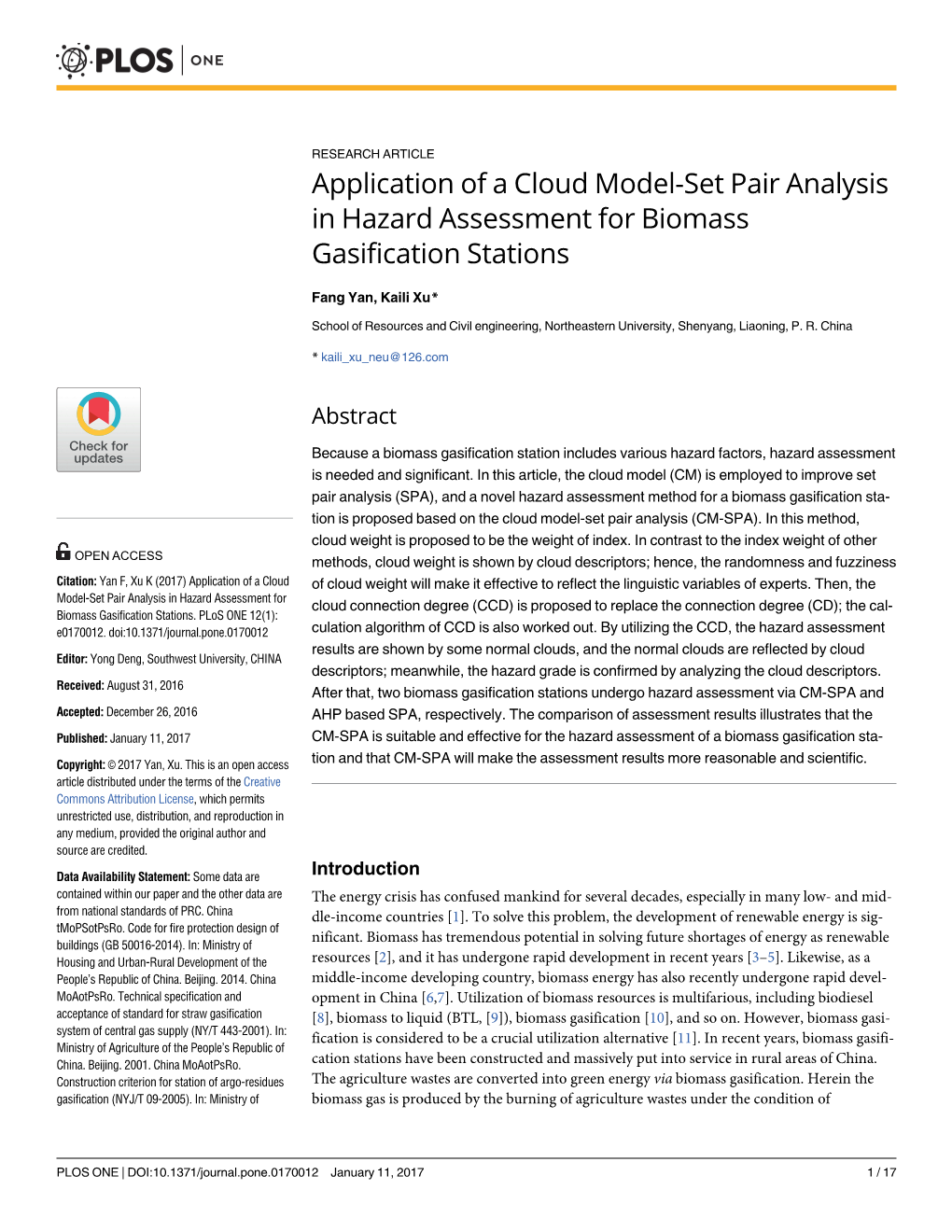 Application of a Cloud Model-Set Pair Analysis in Hazard Assessment for Biomass Gasification Stations