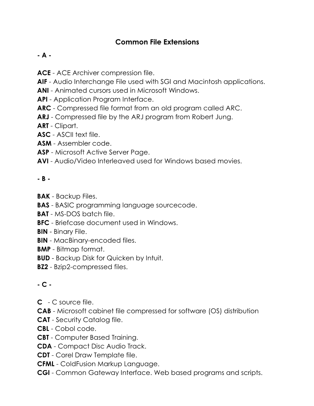 Common File Extensions - a