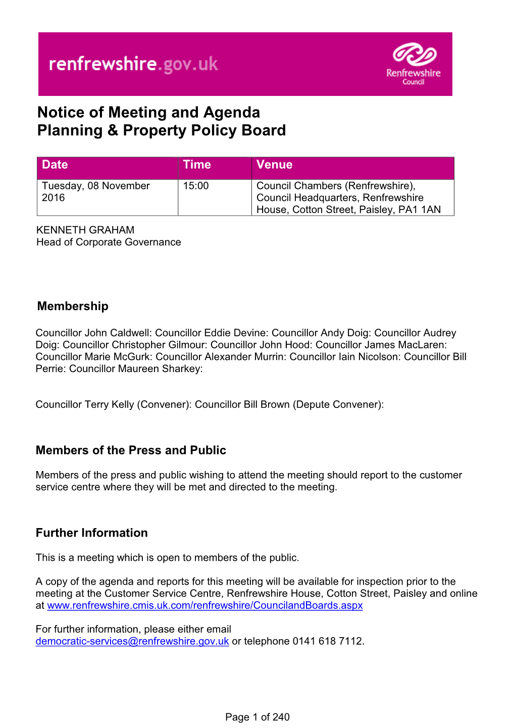 Notice of Meeting and Agenda Planning & Property Policy Board