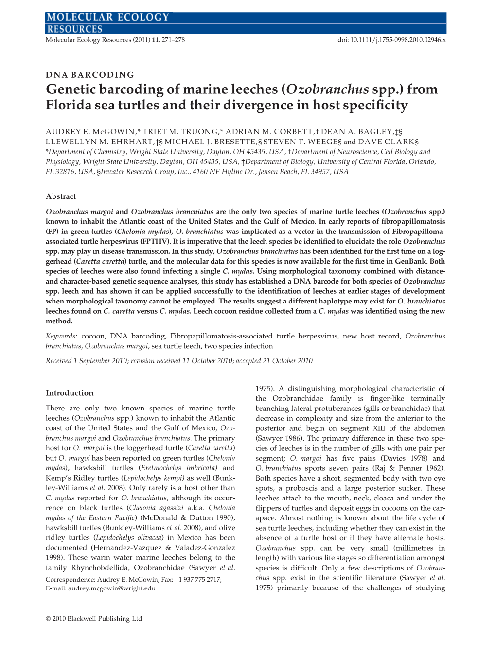 Genetic Barcoding of Marine Leeches (Ozobranchus Spp.) from Florida Sea Turtles and Their Divergence in Host Speciﬁcity