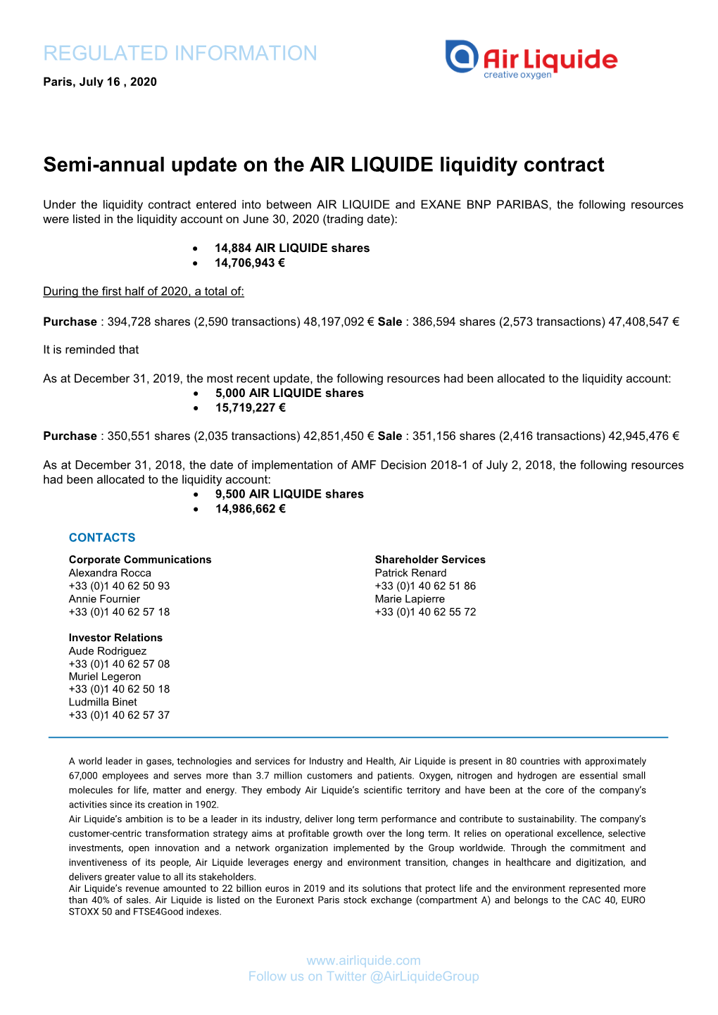 Semi-Annual Update on the AIR LIQUIDE Liquidity Contract