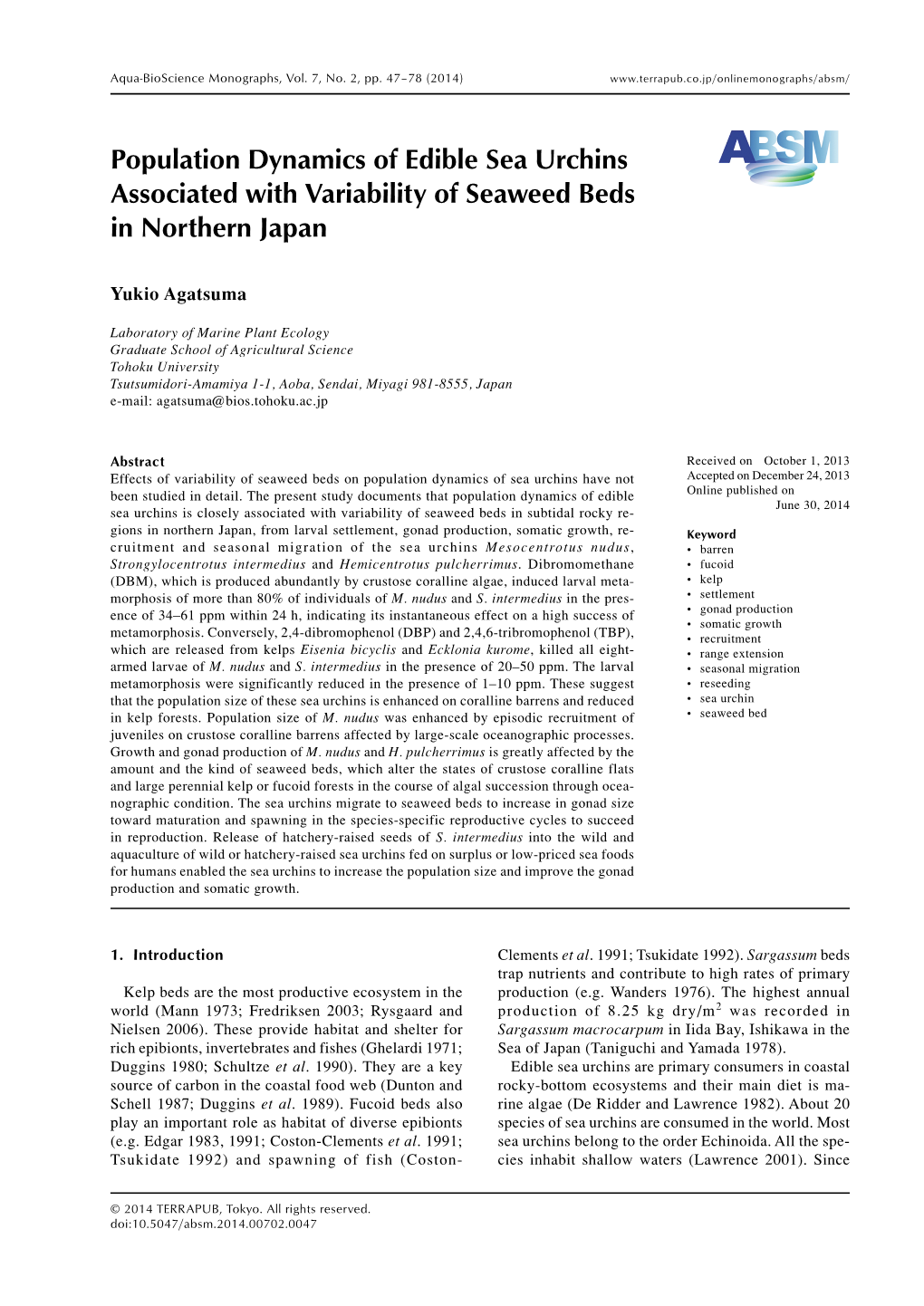 Population Dynamics of Edible Sea Urchins Associated with Variability of Seaweed Beds in Northern Japan