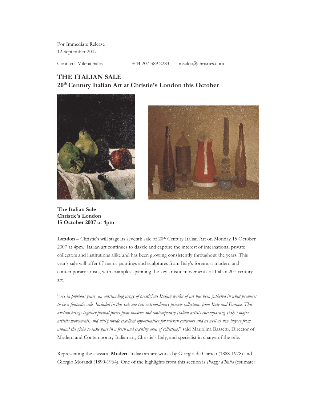 THE ITALIAN SALE 20Th Century Italian Art at Christie's London This