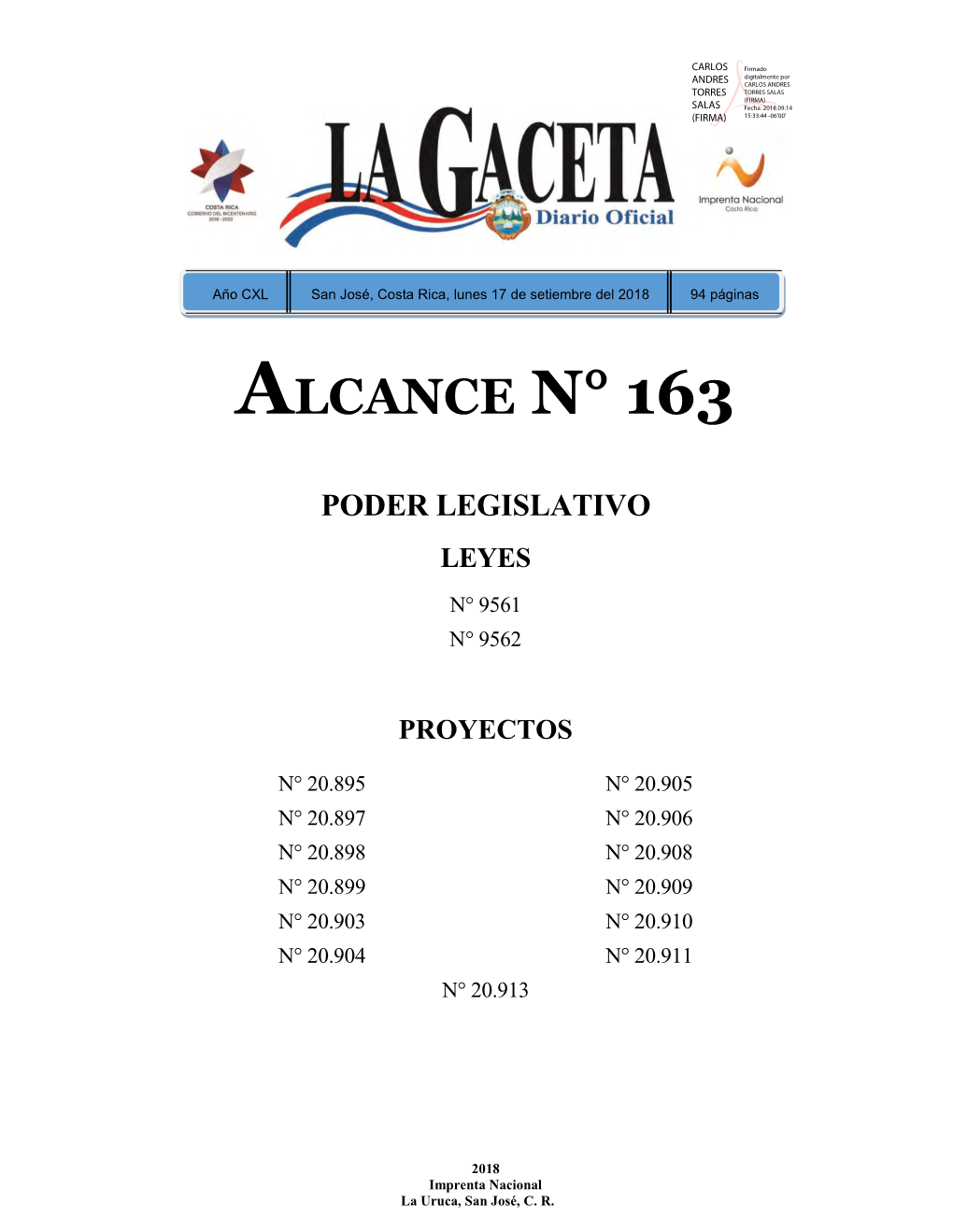 ALCANCE N° 163 a LA GACETA N° 170 De La Fecha 17 09 2018