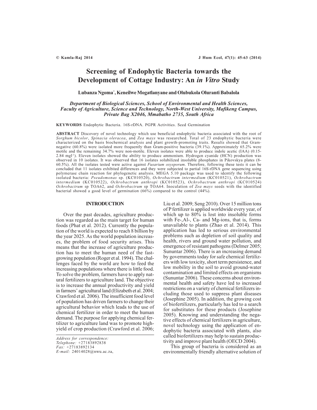 Screening of Endophytic Bacteria Towards the Development of Cottage Industry: an in Vitro Study