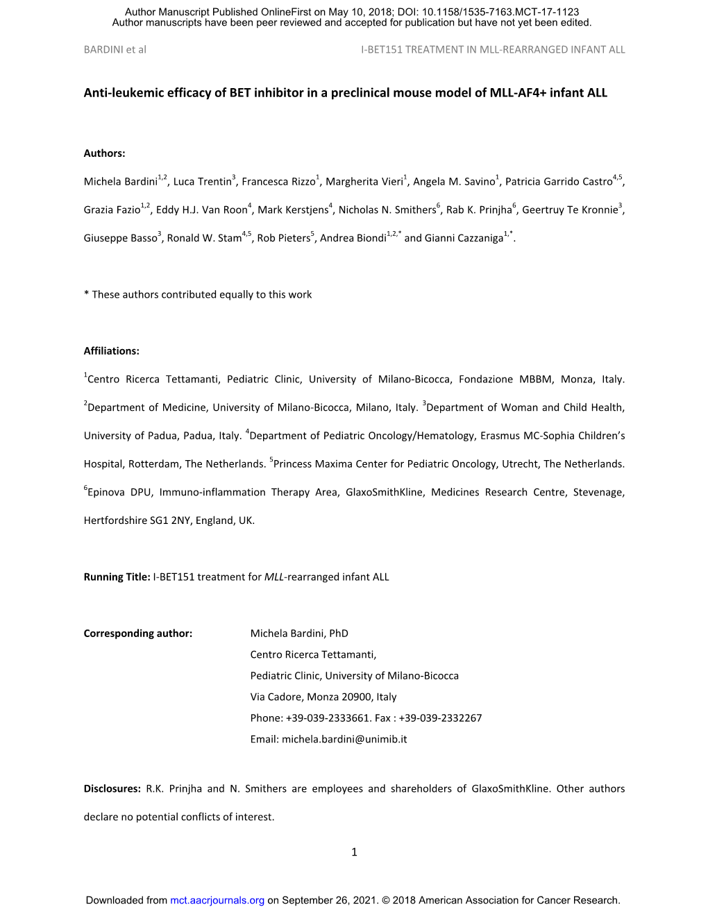 Anti-Leukemic Efficacy of BET Inhibitor in a Preclinical Mouse Model of MLL-AF4+ Infant ALL