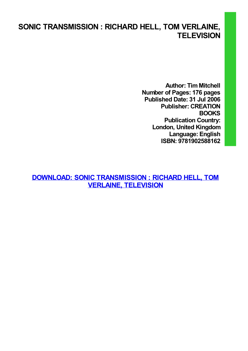 Sonic Transmission : Richard Hell, Tom Verlaine, Television Download