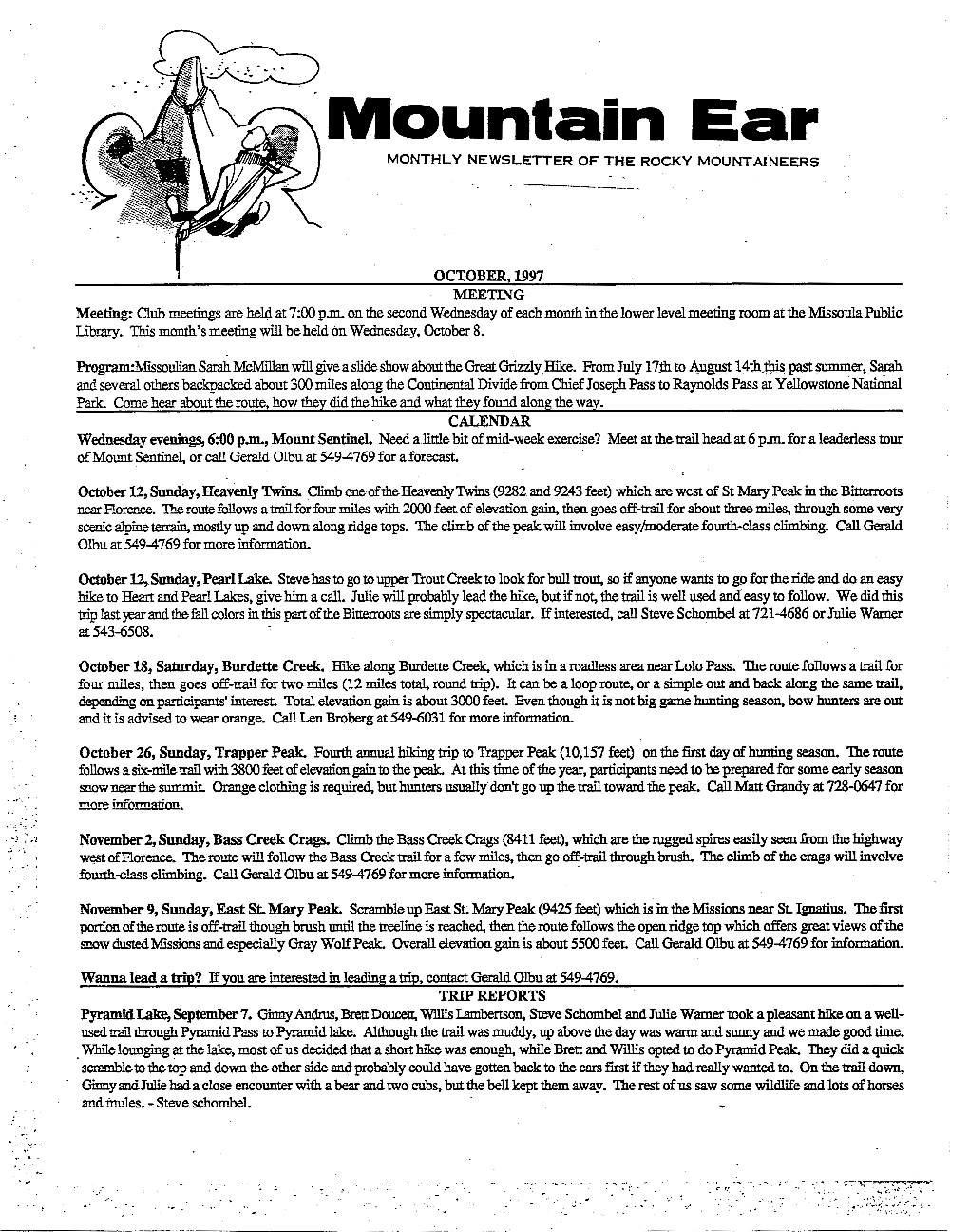 Mountain Ear MONTHLY NEWSLETTER of the ROCKY MOUNTAINEERS F