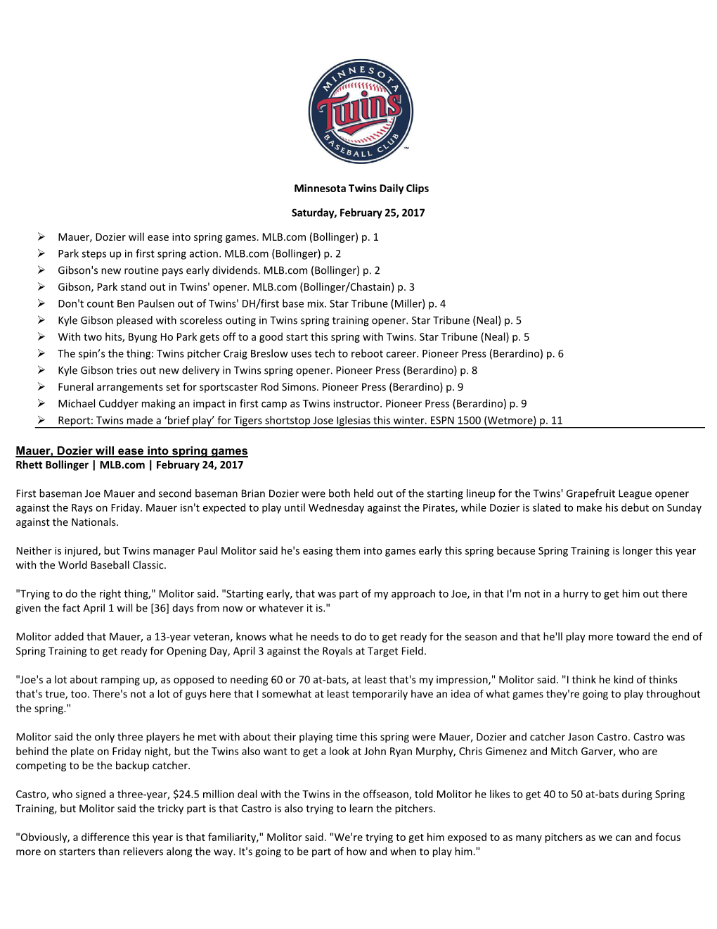 Minnesota Twins Daily Clips Saturday, February 25