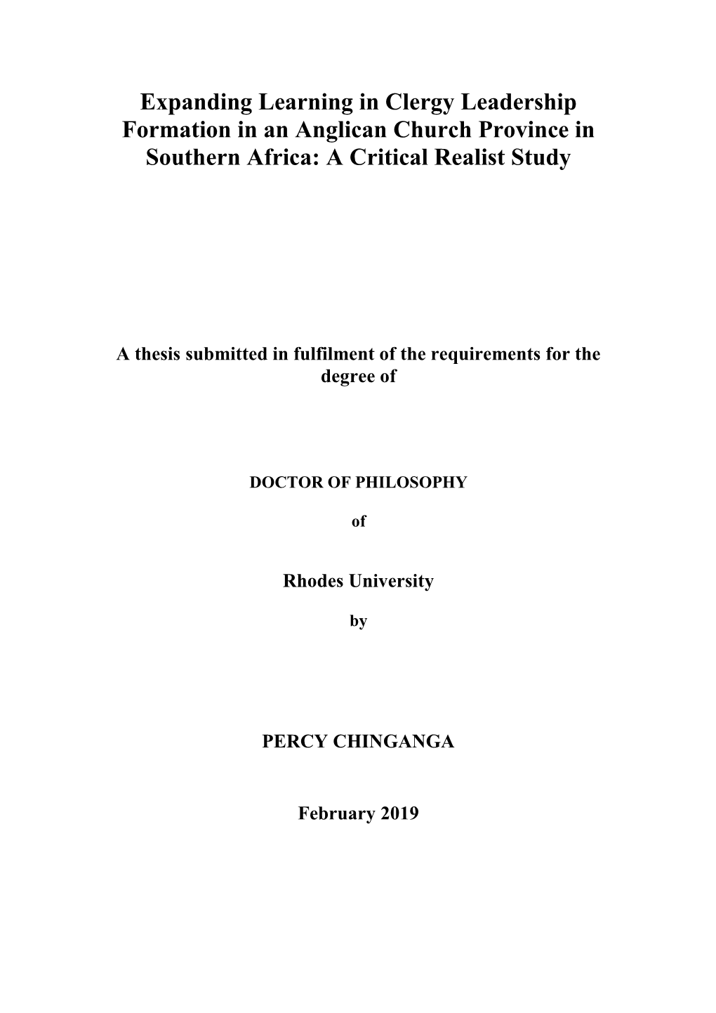 Expanding Learning in Clergy Leadership Formation in an Anglican Church Province in Southern Africa: a Critical Realist Study