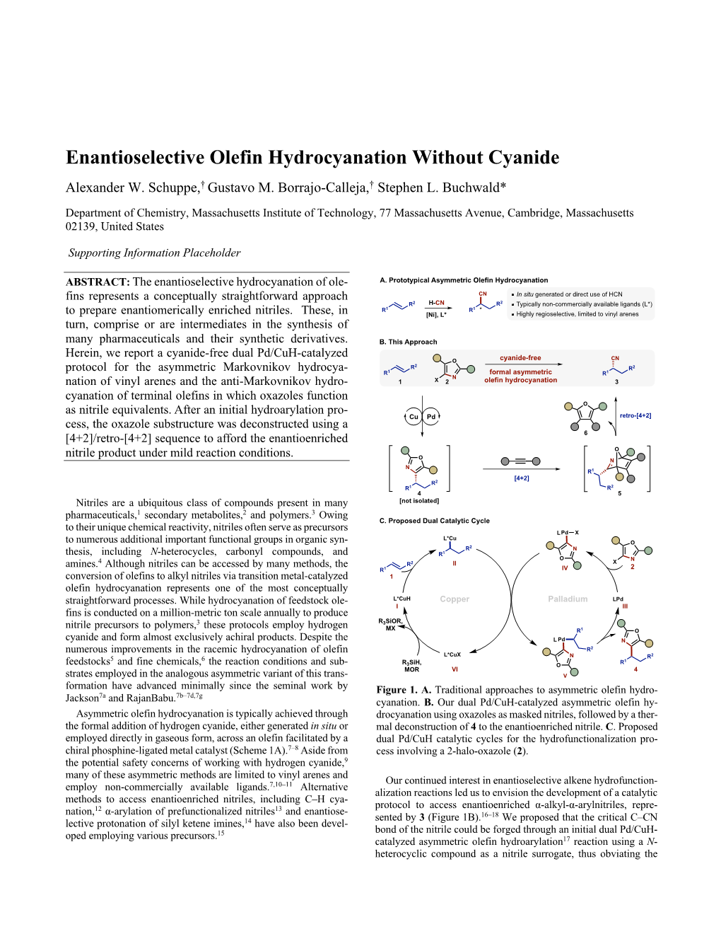 Enantioselective Olefin Hydrocyanation Without Cyanide Alexander W