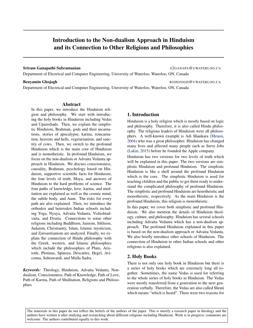 Introduction to the Non-Dualism Approach in Hinduism and Its Connection to Other Religions and Philosophies