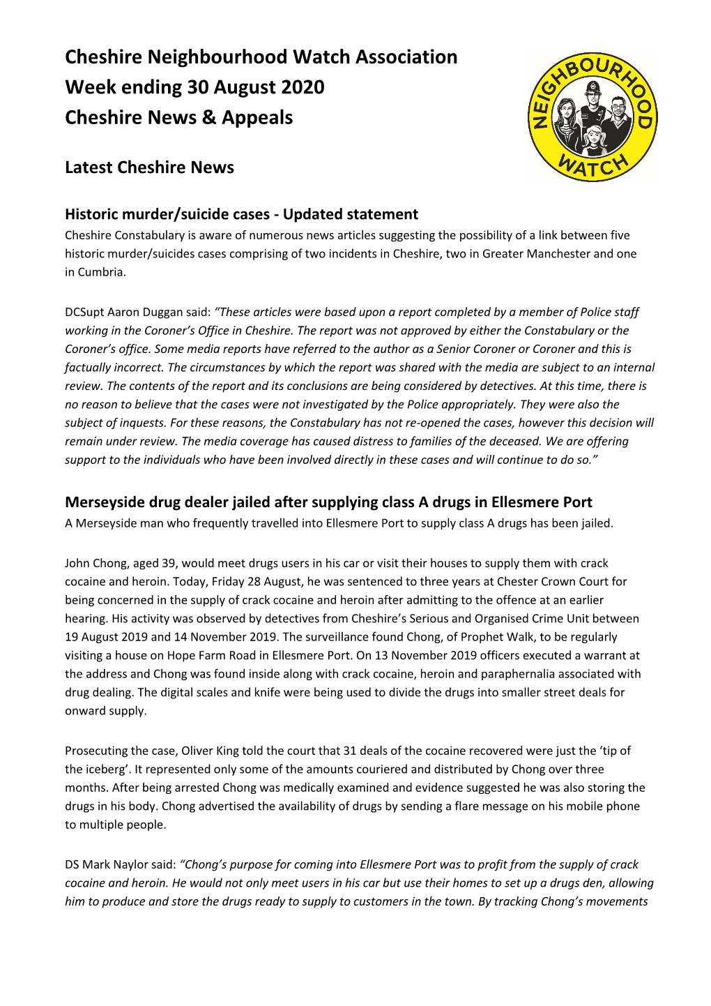 Cheshire Neighbourhood Watch Association Week Ending 30 August 2020 Cheshire News & Appeals