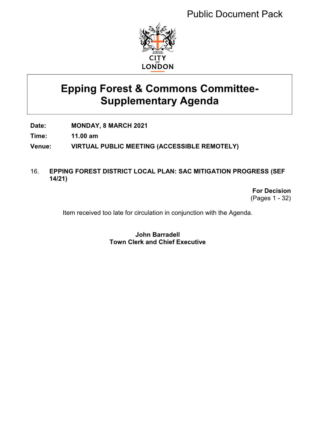 Epping Foret and Commons Committee Supplementary Agenda
