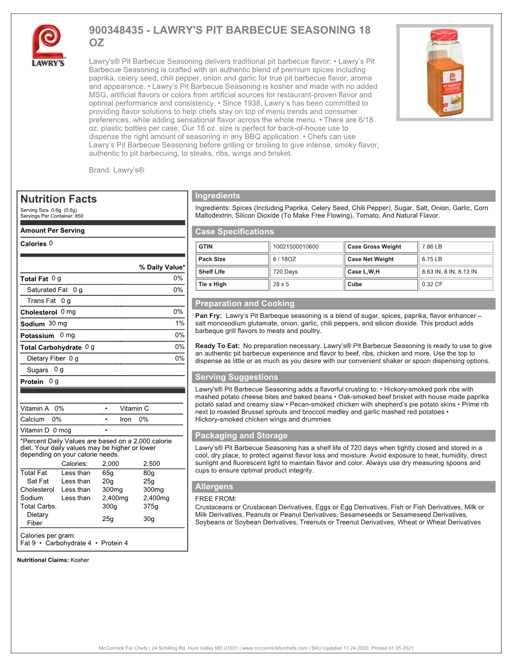 LAWRY's PIT BARBECUE SEASONING 18 OZ Nutrition Facts