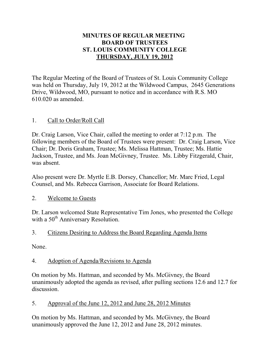 STLCC Board of Trustees Meeting Minutes, July 19, 2012