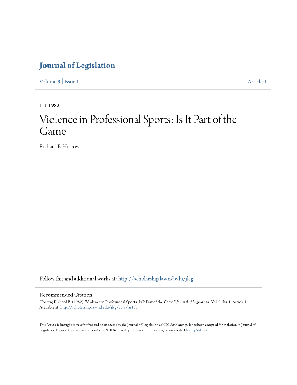 Violence in Professional Sports: Is It Part of the Game Richard B