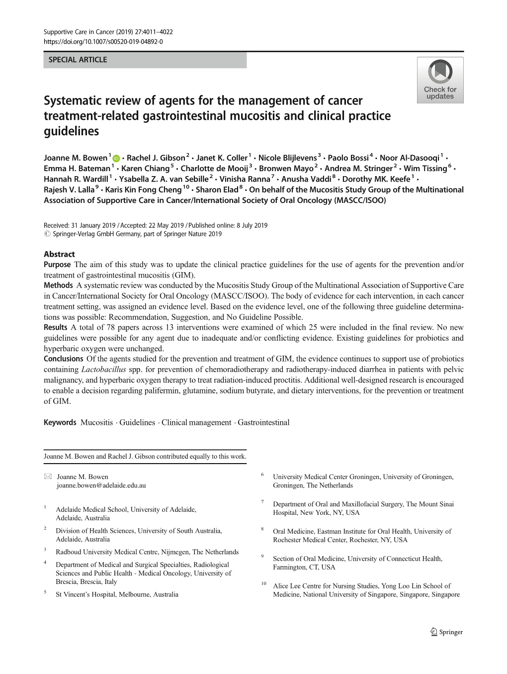 Systematic Review of Agents for the Management of Cancer Treatment-Related Gastrointestinal Mucositis and Clinical Practice Guidelines