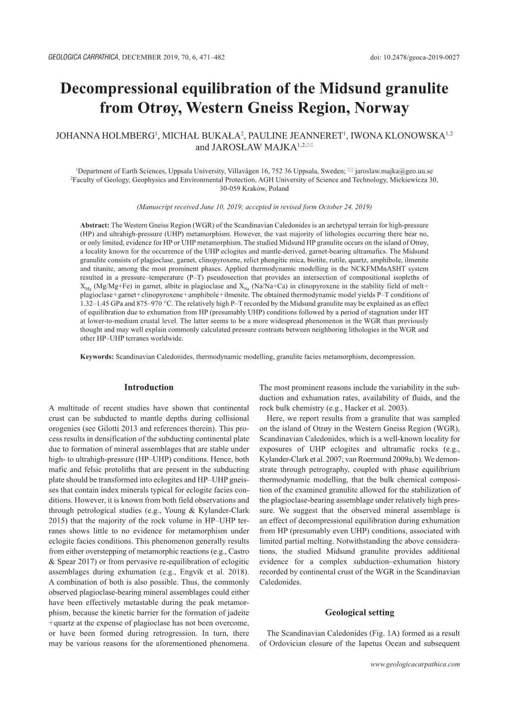 Decompressional Equilibration of the Midsund Granulite from Otrøy, Western Gneiss Region, Norway