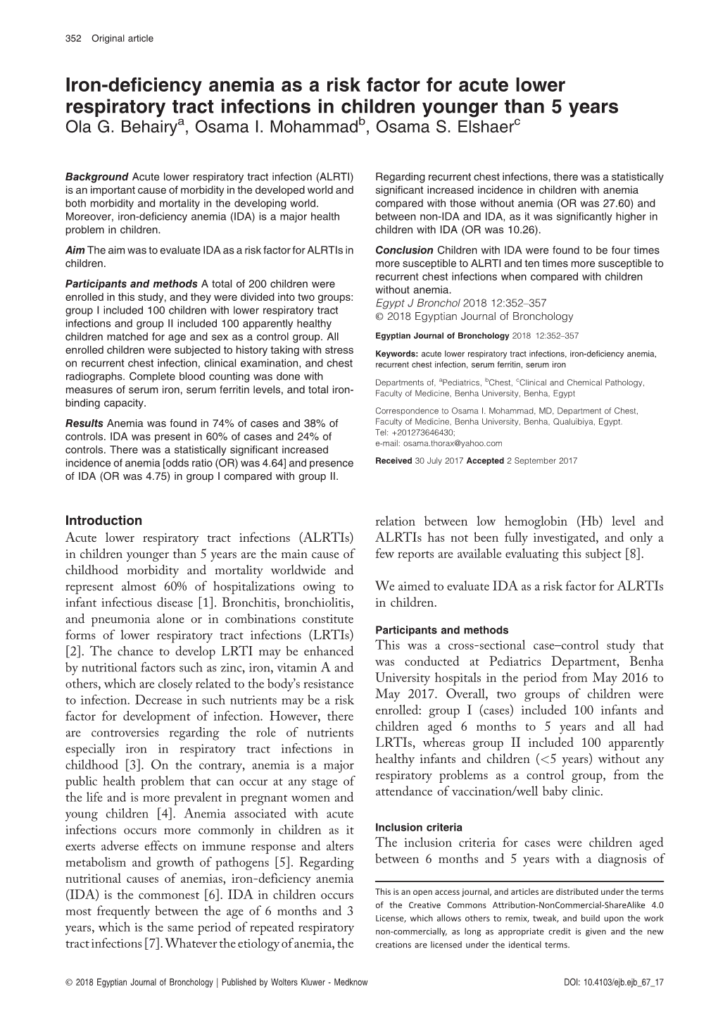 Iron-Deficiency Anemia As a Risk Factor for Acute Lower Respiratory Tract Infections in Children Younger Than 5 Years Ola G