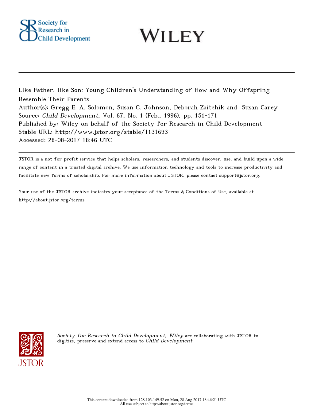 Like Father, Like Son: Young Children's Understanding of How and Why Offspring Resemble Their Parents Author(S): Gregg E