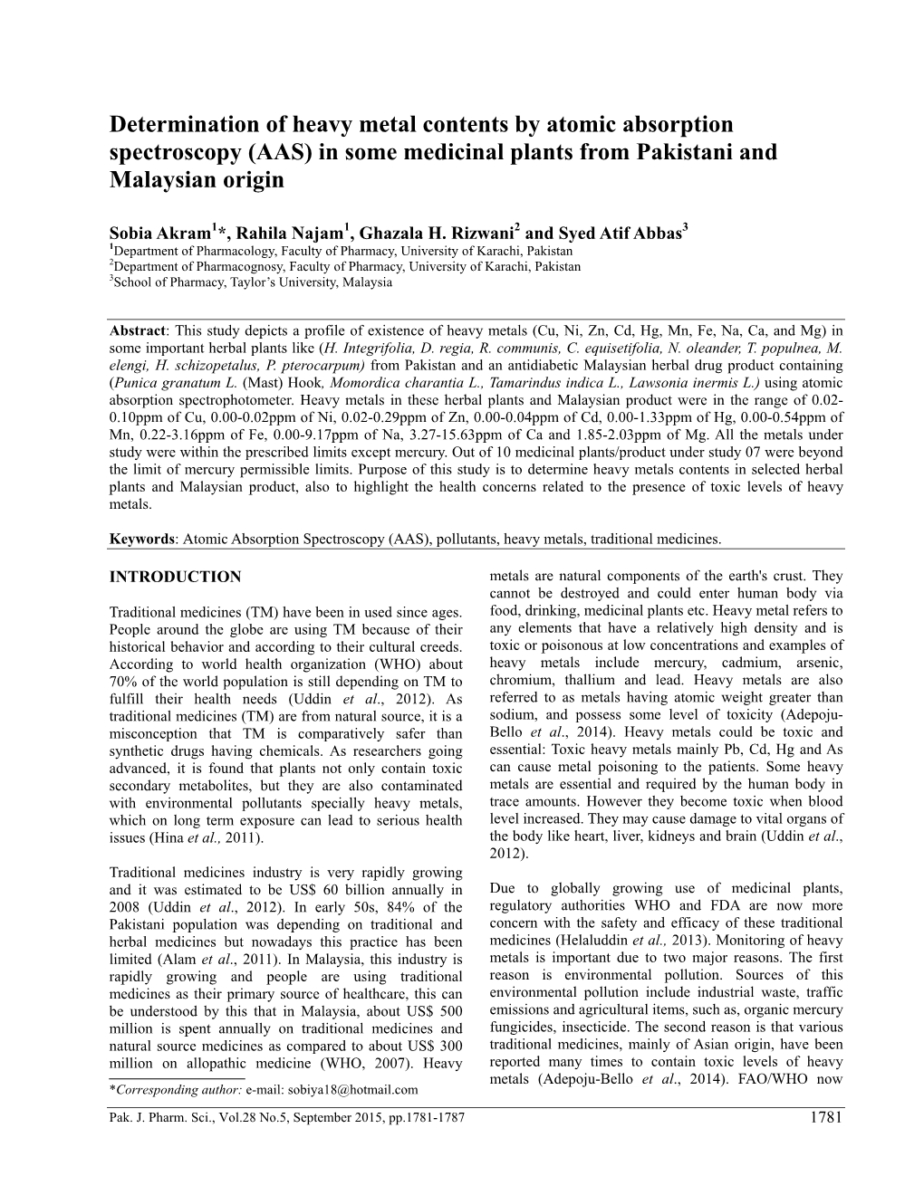 Determination of Heavy Metal Contents by Atomic Absorption Spectroscopy (AAS) in Some Medicinal Plants from Pakistani and Malaysian Origin