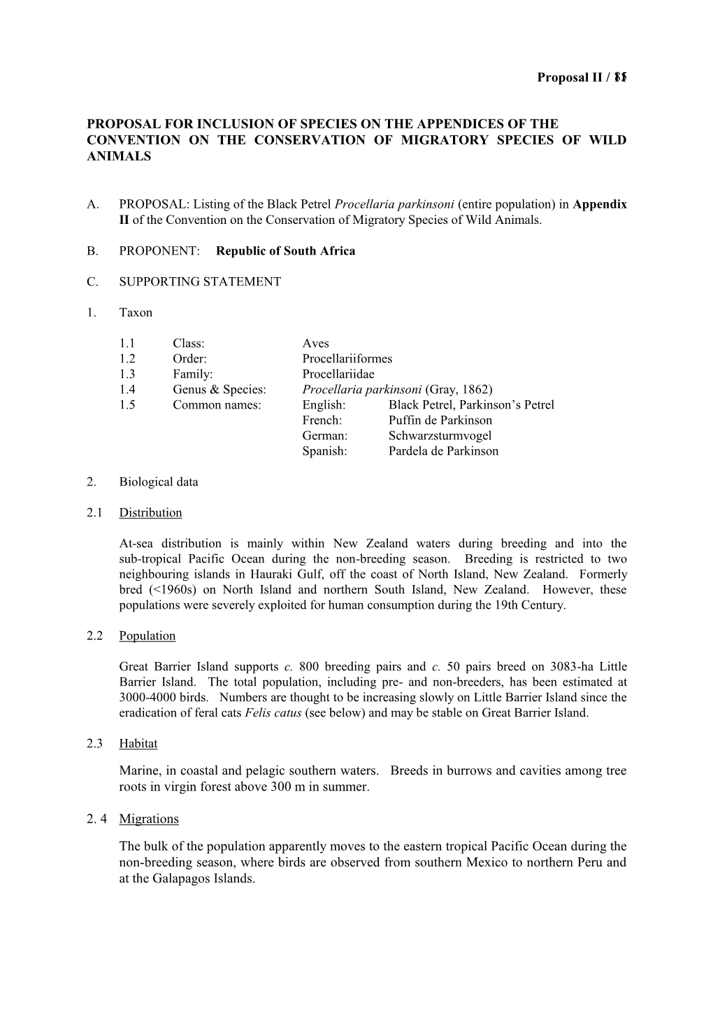 Black Petrel Procellaria Parkinsoni (Entire Population) in Appendix II of the Convention on the Conservation of Migratory Species of Wild Animals