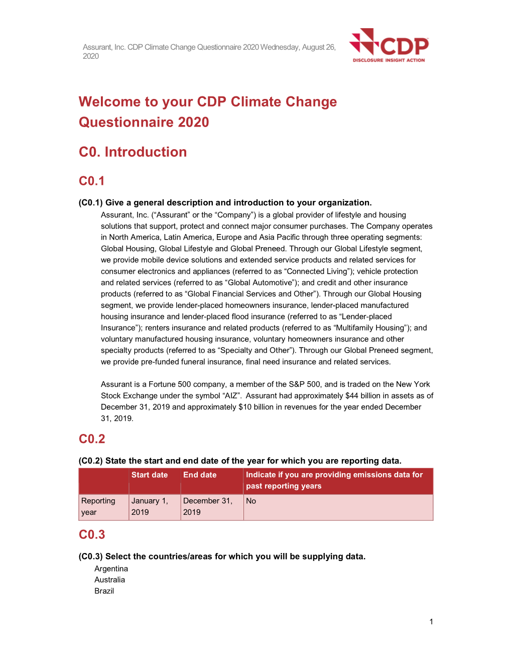 Welcome to Your CDP Climate Change Questionnaire 2020 C0. Introduction