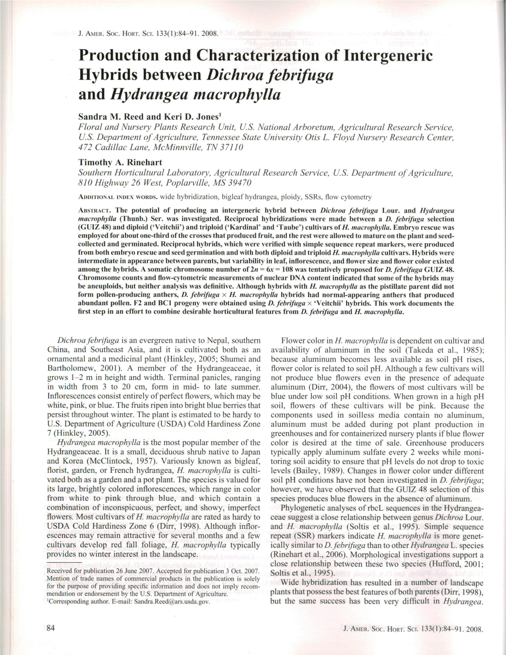 Production and Characterization of Intergeneric Hybrids Between Dichroafebrifuga and Hydrangea Macrophylla Sandra M