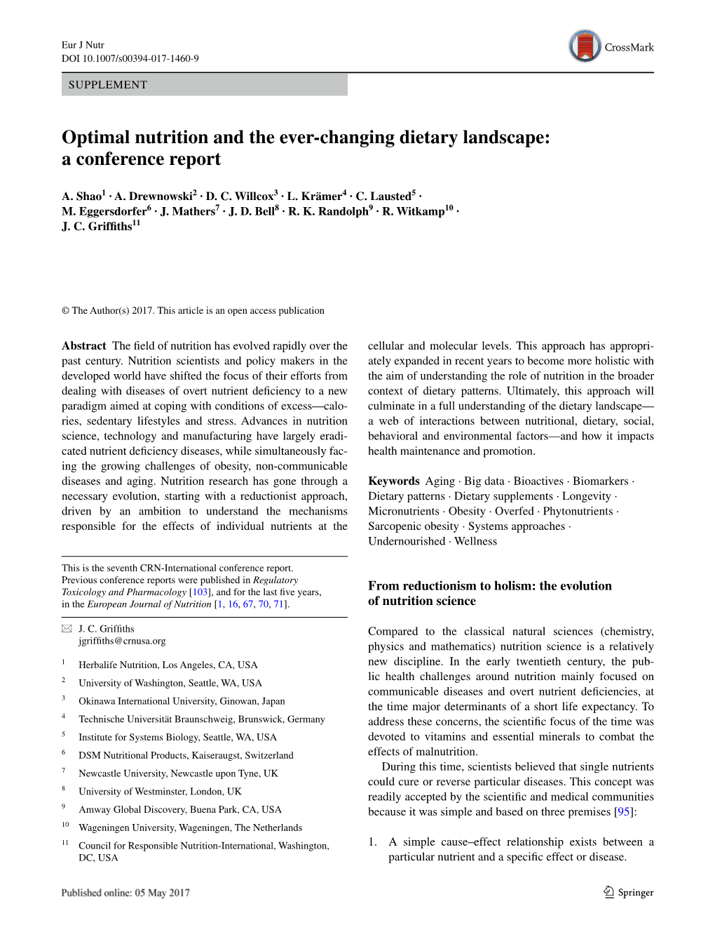 Optimal Nutrition and the Ever-Changing Dietary Landscape’ Held on December 2, 2016, in Hamburg, Germany