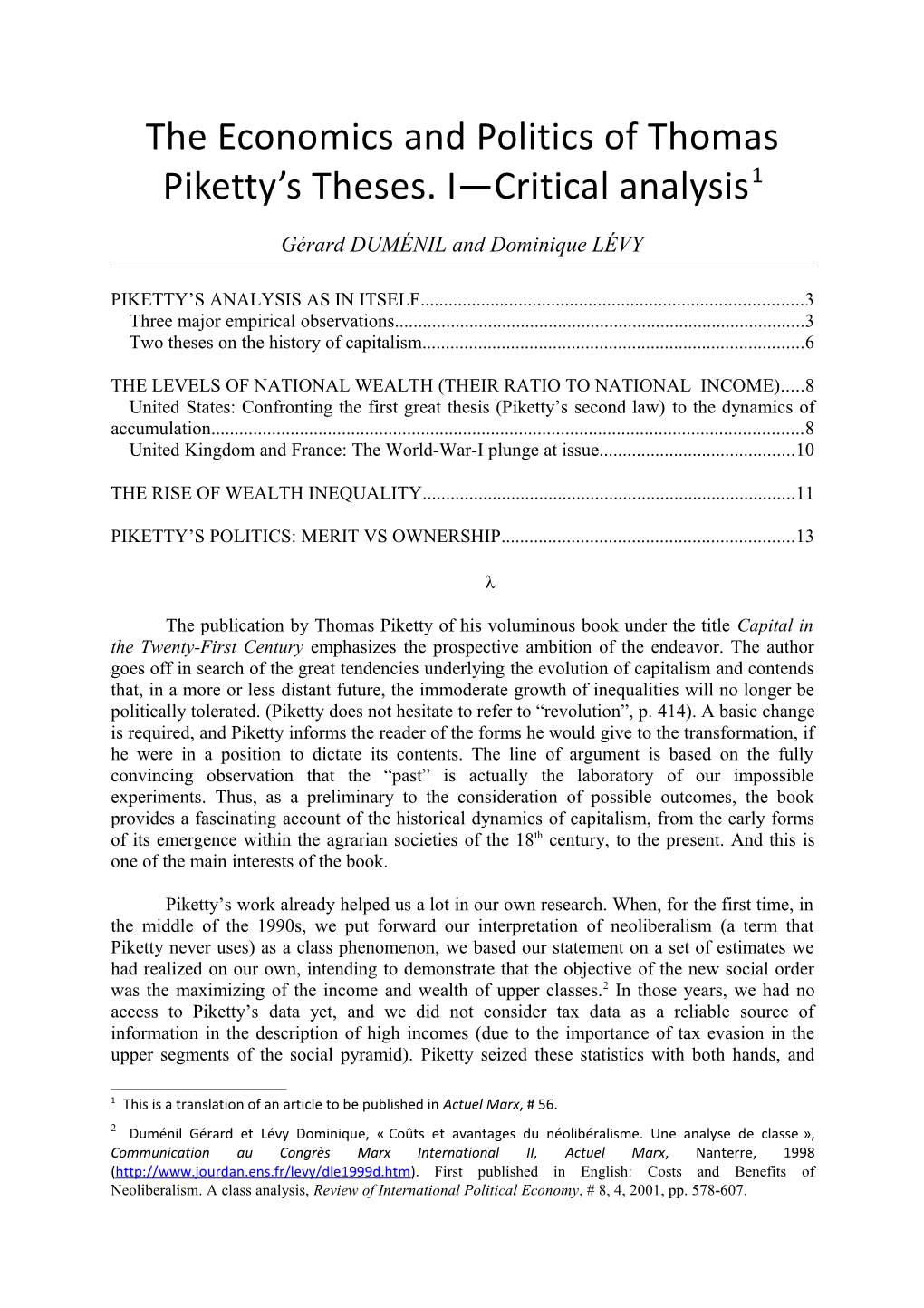 Economie Et Politique Critique Des Thèses De Thomas Piketty