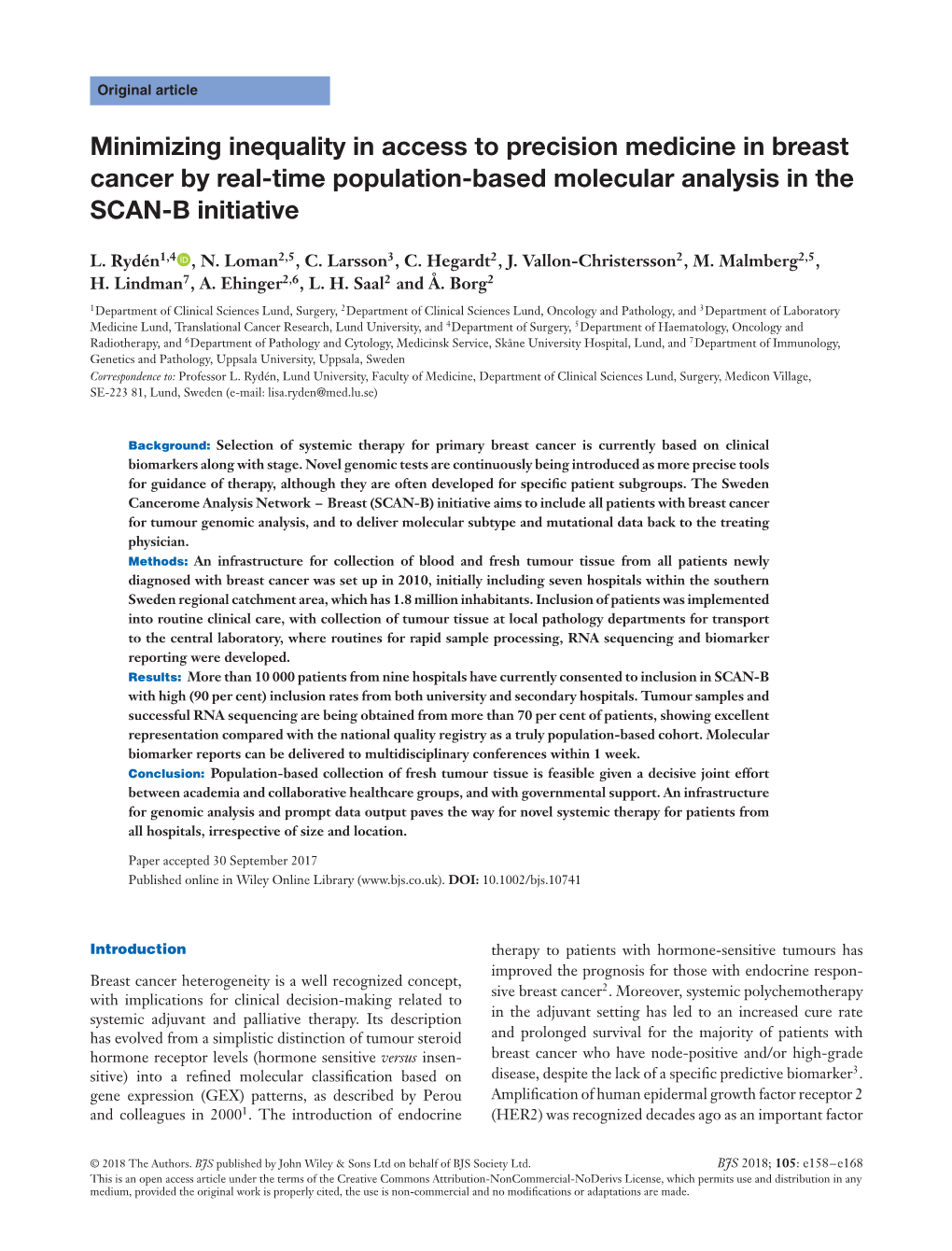 Minimizing Inequality in Access to Precision Medicine in Breast Cancer by Real-Time Population-Based Molecular Analysis in the SCAN-B Initiative