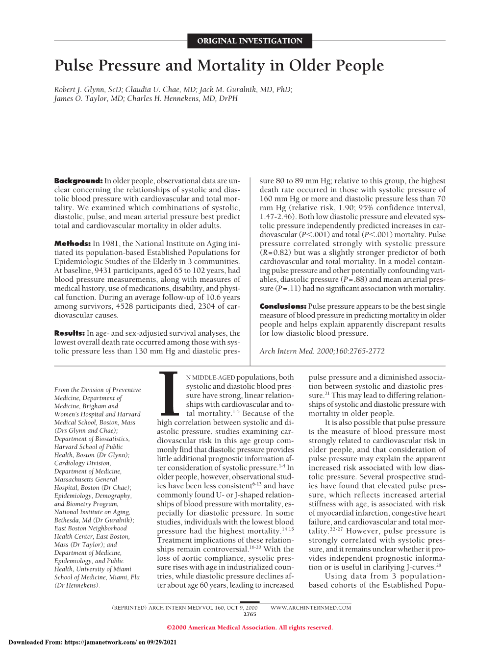 Pulse Pressure and Mortality in Older People