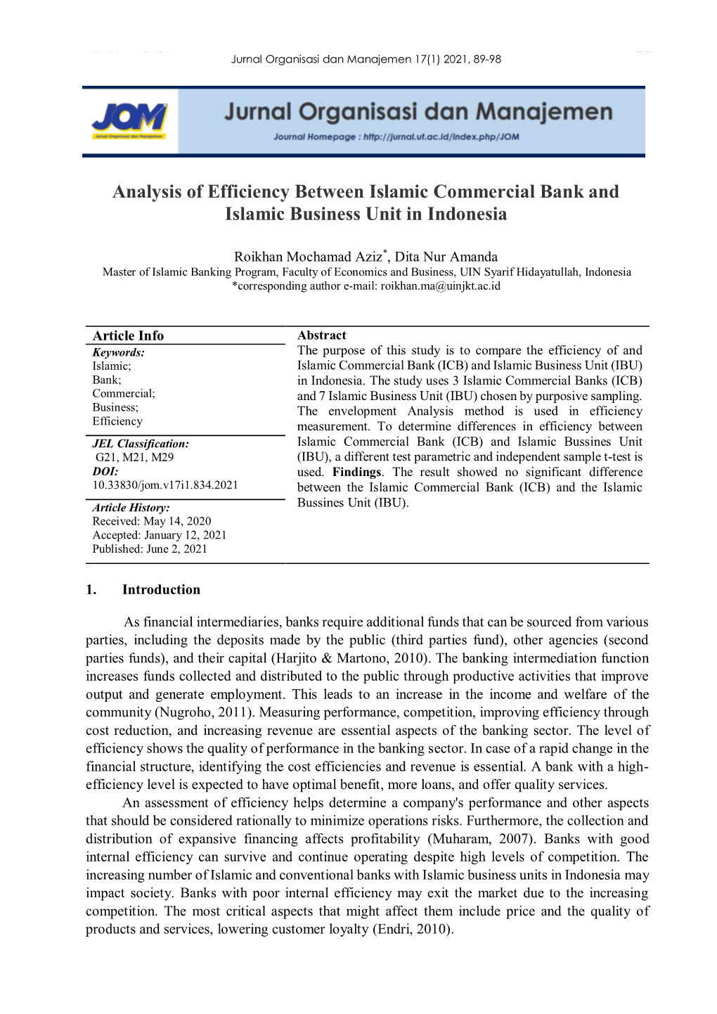 Analysis of Efficiency Between Islamic Commercial Bank and Islamic Business Unit in Indonesia