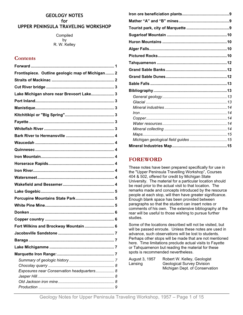 Geology Notes for Upper Peninsula Traveling Workshop, 1957 – Page 1 of 15 FRONTISPIECE